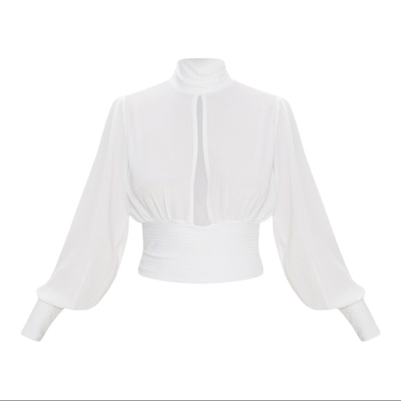 PrettyLittleThing High-neck Cutout Top White Crepe Ribbed Cropped Smocked Blouse - Picture 1 of 5